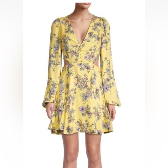 AFRM | Floral Print Fit & Flare Cutout Cocktail Dress | Yellow L - Picture 1 of 15
